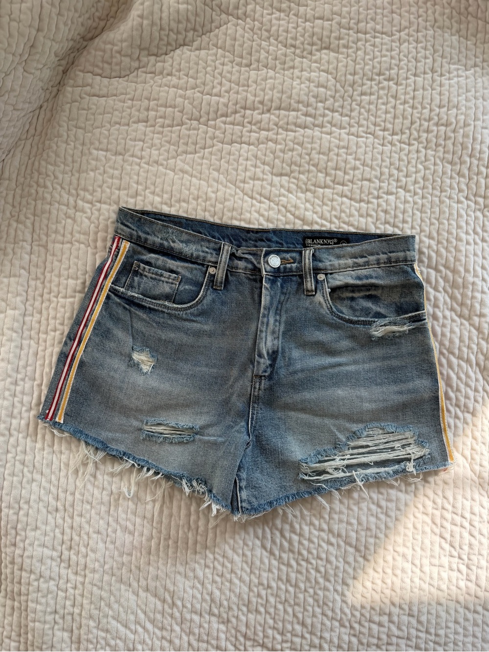 Blank NYC Blue Distressed Denim Shorts with Multicolor Side Stripes